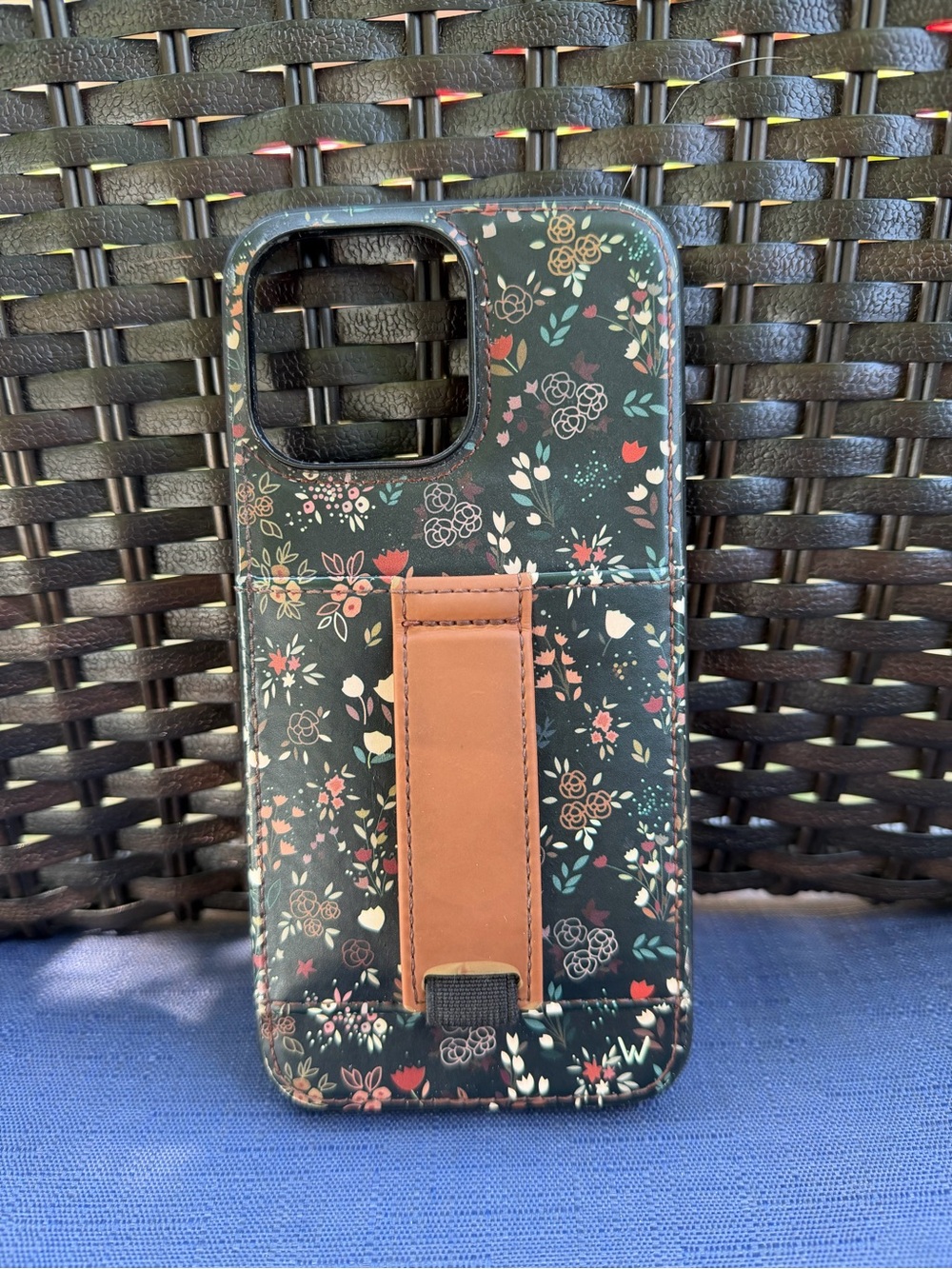 Floral Black Phone Case with Tan Strap - Compatible Cell Phone Accessory